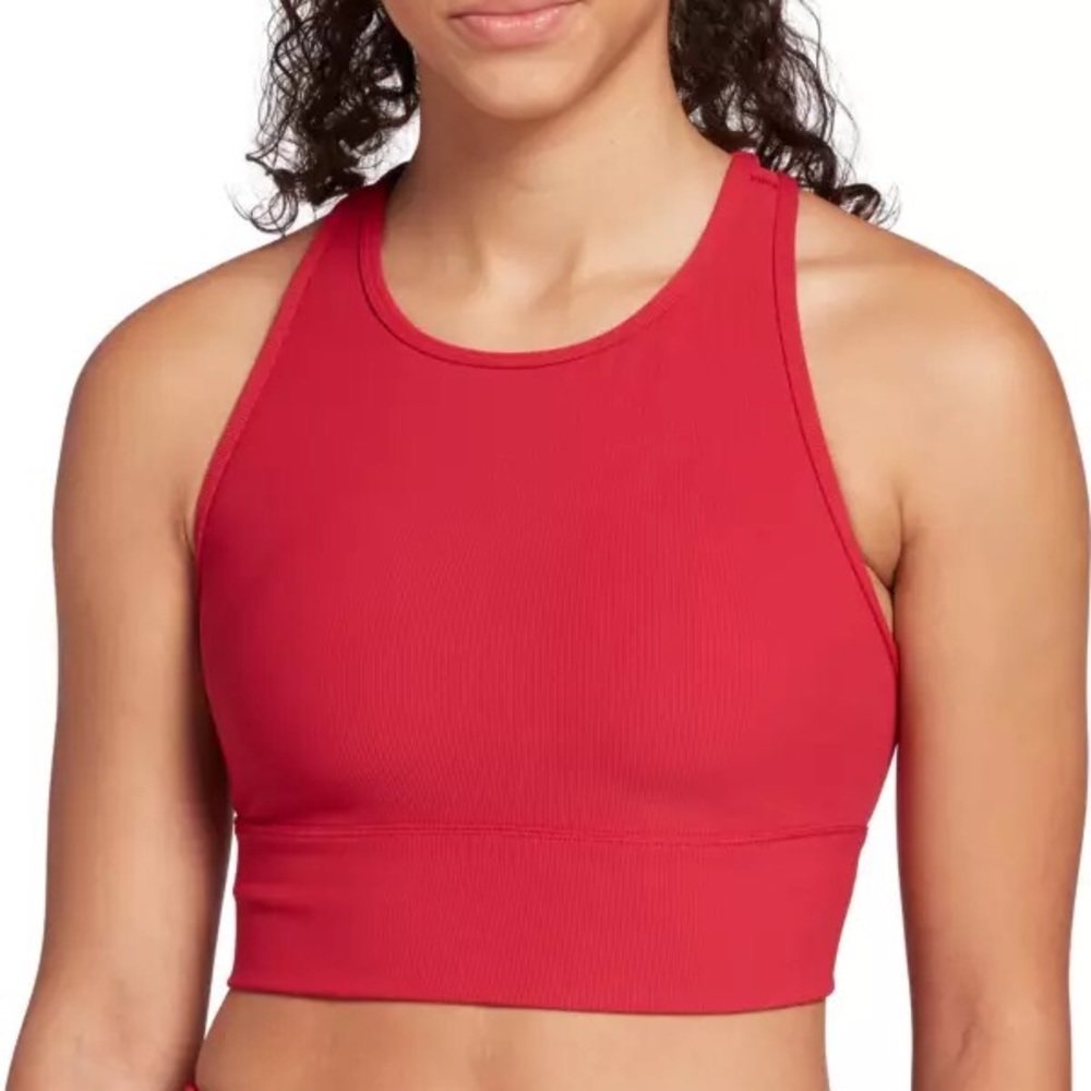 Calia “Made to Play” Ribbed Long Line Racerback Sports Bra in Autumn Rose XS